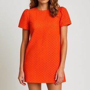 Never A Wallflower Eyelet Puff Sleeve Mini Dress Women's Size XS Fire Orange